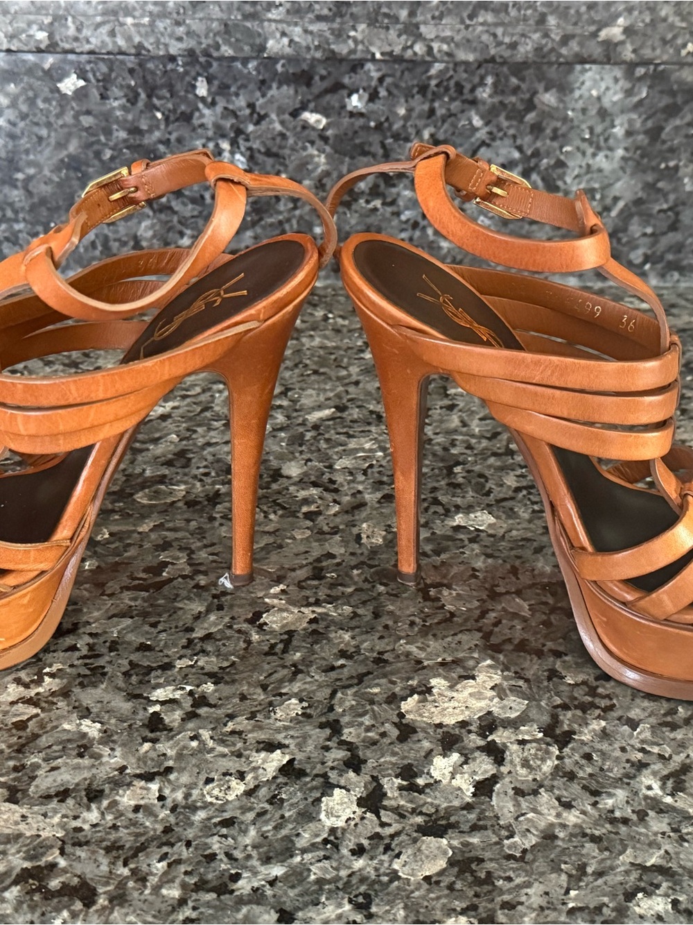 Saint Laurent Cognac Leather Strappy Platform Heels - Picture 5 of 7